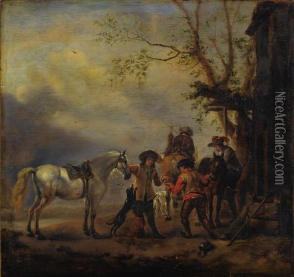 A Hunting Party Departing From An Inn Oil Painting - Pieter Wouwermans or Wouwerman
