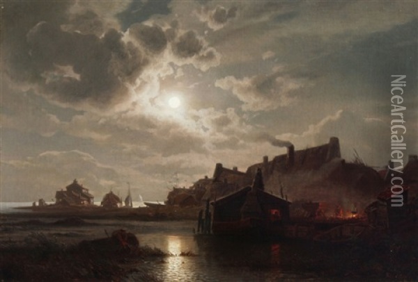 Moonlit Nocturnal Shoreline Scene With Boats Figures And Dwellings Oil Painting - Felix Kreutzer