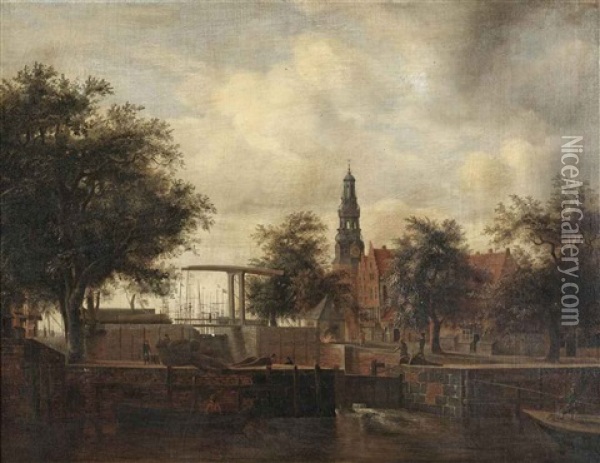 A View Of Amsterdam With The Haarlemmersluis And The Haringpakkerstoren Oil Painting - Meindert Hobbema