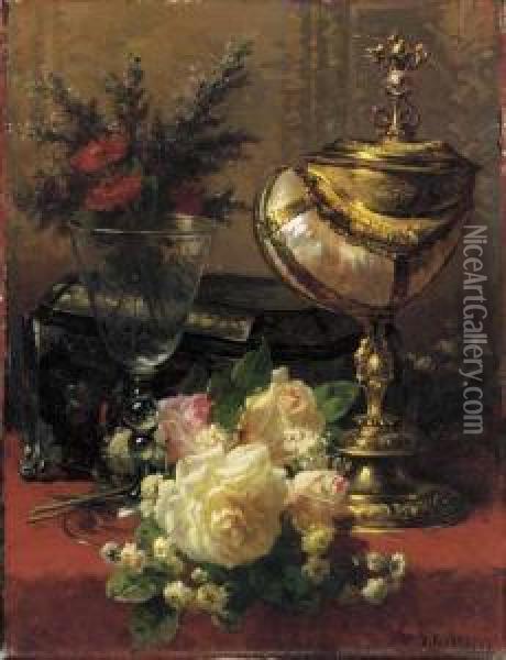 A Bouquet Of Roses And Other 
Flowers In A Glass Goblet With A Chinese Lacquer Box And A Nautilus Cup 
On A Red Velvet Draped Table Oil Painting - Jean-Baptiste Robie