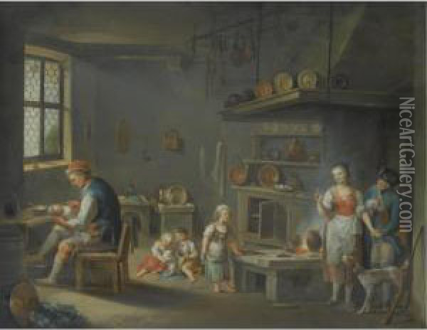 A Kitchen Interior With A Peasant And A Huntsmen Oil Painting - Justus Juncker