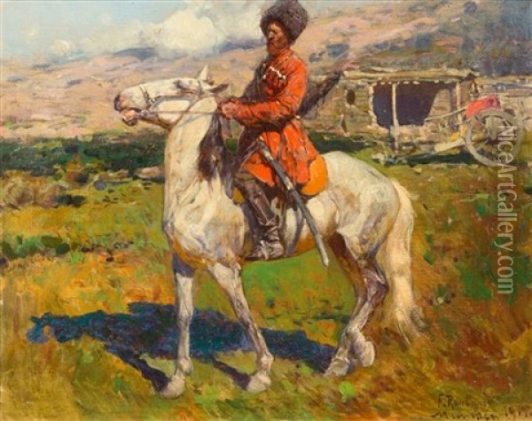 Russian Soldier On Horseback Oil Painting - Franz Roubaud