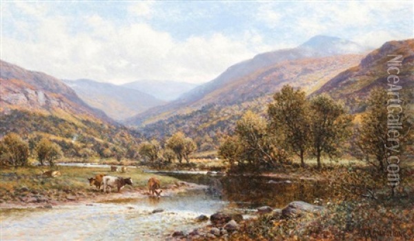 Cattle Watering In A Highland River Landscapeoil On Canvas, Signed And Dated 09, 30.8x51cm<br/>condition Report: In A Gilded Composition Restoration Style Frame, Late 20th Centurythe Canvas Has Not Been Relinedthe Wooden Stretcher Is The Originalthe Paint Oil Painting - Alfred Augustus Glendening Sr.