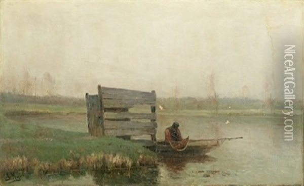Paysage Brumeux Avec Pecheur Dans Une Barque Oil Painting - Isidore Meyers
