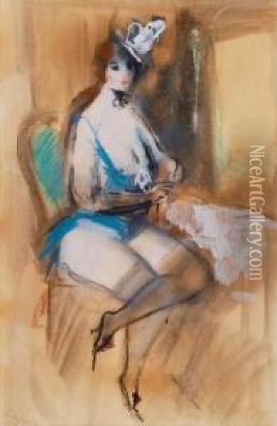 Dame Im Blauen Mieder Oil Painting - Konstantin Ivanovich Rudakov