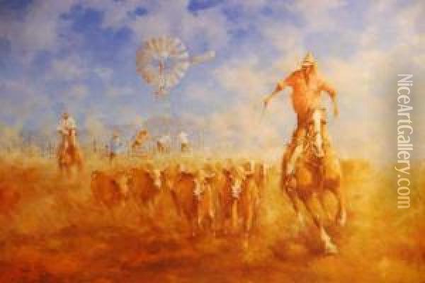 Mustering Cattle Oil On Canvas Signed Sschneider Oil Painting - Emile Schneider