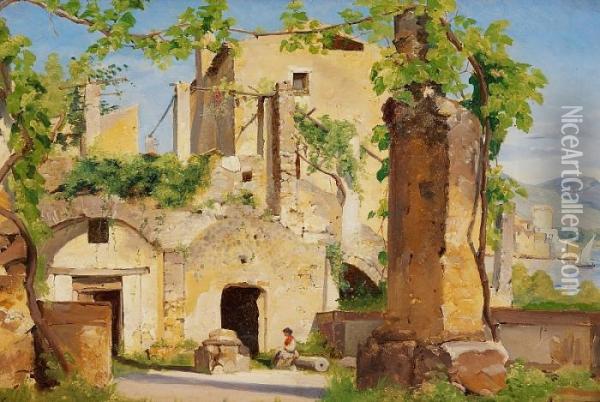 Italian Houses With Vines, In The Foreground A Little Girl Oil Painting - Jorgen Valentin Sonne