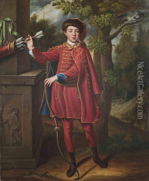 Portrait Of A Huntsman, Full-length, In A Red And Gold Embroideredcloak In A Wooded Landscape Oil Painting - Peter Corner