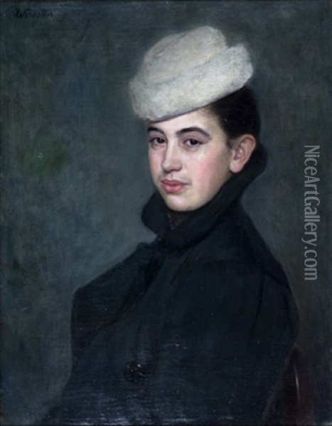 Woman With A White Hat Oil Painting - Lazar Krestin