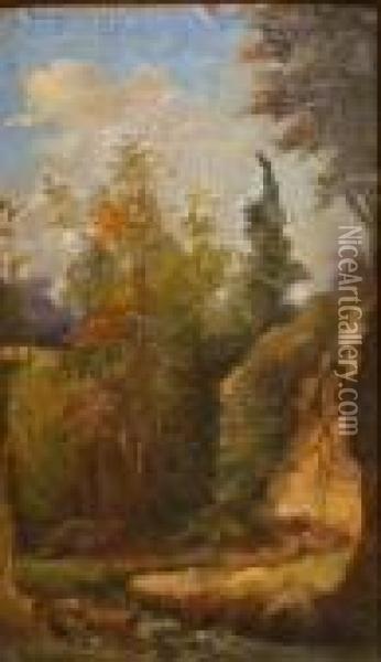 Landscape By Acreek, Possibly California Oil Painting - John Joseph Enneking
