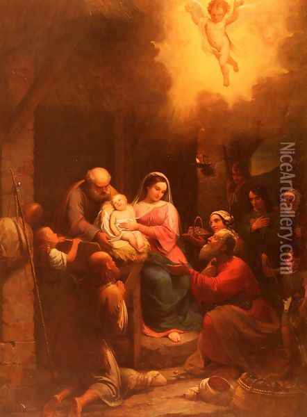 La Vista De' Pastori Al Bambino Gesu Nel Presepio (The Presentation of the Shepherds to the Christ Child in the Stable) Oil Painting - Natale Schiavoni