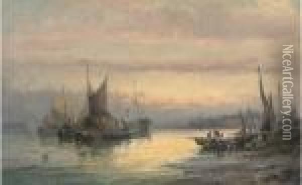 Unloading The Day's Catch At Dusk Oil Painting - William A. Thornley Or Thornber
