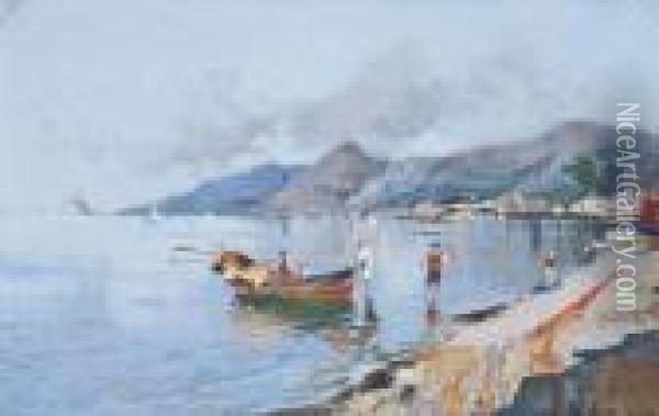 Bringing In The Catch, The Bay Of Naples Oil Painting - Oscar Ricciardi