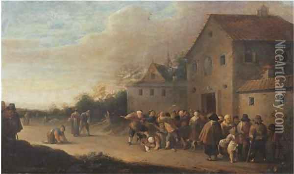 A village landscape with the Distribution of Bread to the Poor Oil Painting - Pieter de Bloot