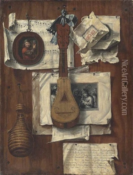 A Trompe L'oeil Of Prints, Sheet Music, A Hand-written Recipe, A Page Of Arithmetic, A Miniature, A Cittern And A Wicker Flask Pinned To Planks Of Wood Oil Painting - Bernardo German Llorente