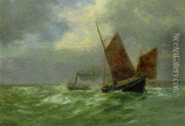 Fischerboot Und Dampfer Auf Bewegter See Oil Painting - Alexander Essfeld