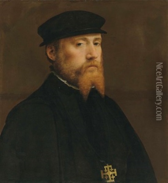 Portrait Of A Knight Of The Jerusalem Brotherhood, Possibly The Utrecht Brotherhood Of The Holy Sepulchre, Bust-length Oil Painting - Jan Van Scorel