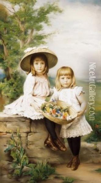 Children With Spring Bucket Of Flowers Oil Painting - Richard Eisermann