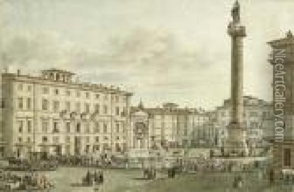 View Of The Piazza Colonna With The Column Antoninus, Rome Oil Painting - Victor-Jean Nicolle
