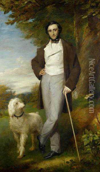 Portrait Of A Gentleman Standing In Parkland With His Poodle Oil Painting - Sir Francis Grant
