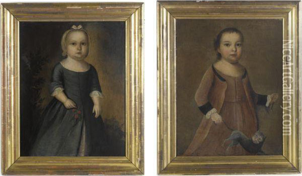 Little Girl In Green Dress Holding Cherries, A Little Boy Inrose-colored Costume Swinging A Cat: A Pair Of Portraits Of Thechildren Of The Thomas Dickman Family Oil Painting - Joseph Badger