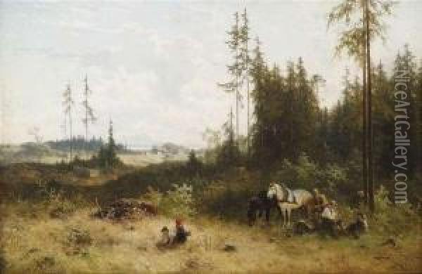 Idyllic Scene Withlumberjacks At The Border Of A Wood. Oil Painting - Julius Noerr