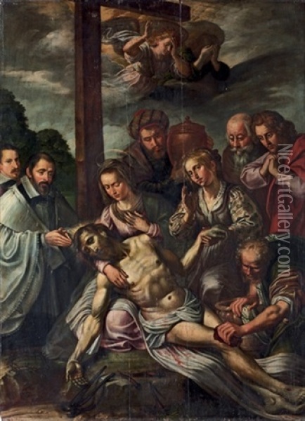 The Lamentation With Donors Oil Painting - Marten Pepyn