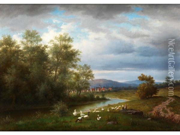 Sommerliche Landschaft Mit Gansen Oil Painting - Carl Wuennenberg