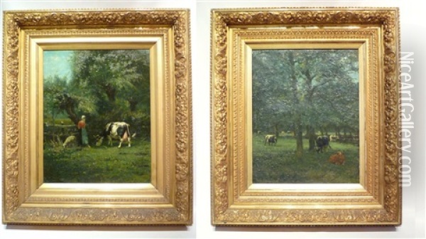Scenes Champetres (2 Works) Oil Painting - Leon Massaux