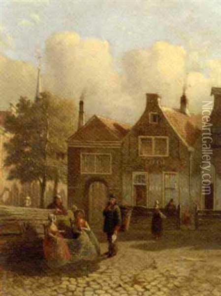 A Sunlit Square In A Fishing Village Oil Painting - Joseph Bles