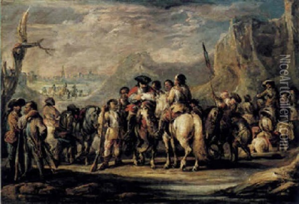 A Rocky Landscape With A Captain Giving Orders To A Group Of Military Figures Oil Painting - Francesco Simonini