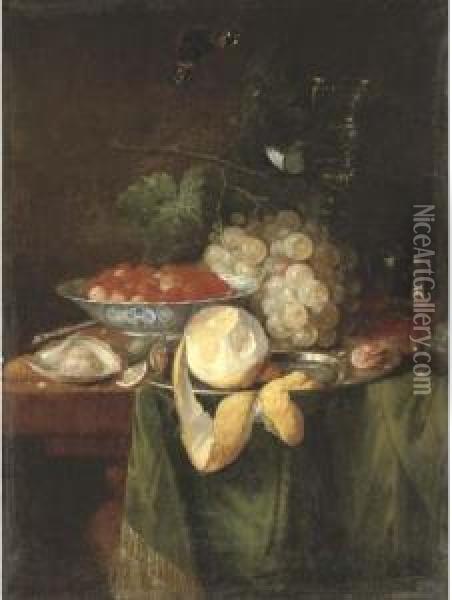 A Lemon, A Prawn And Hazelnuts On A Pewter Plate Oil Painting - Abraham Hendrickz Van Beyeren