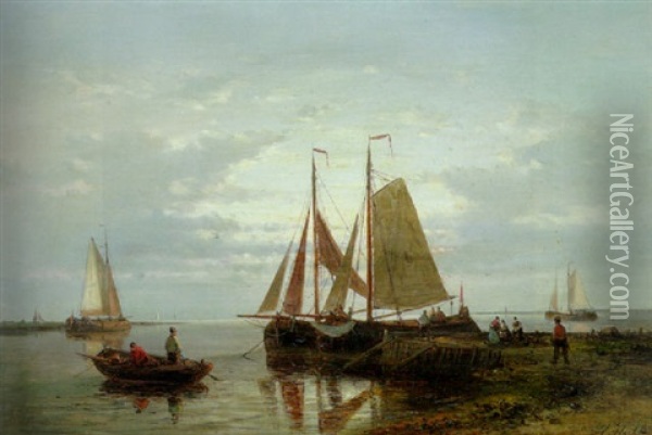 Moored Fishing Boats In A Calm With Fishing-folk On A Jetty Oil Painting - Abraham Hulk the Elder