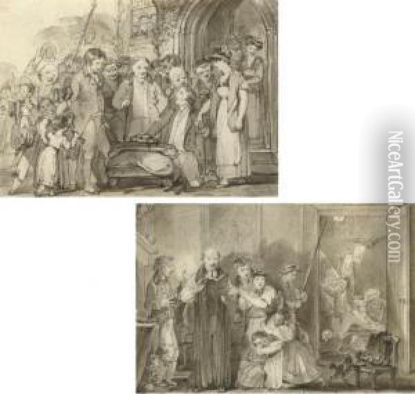 Six Scenes Of Country Customs, 
Including Villagers Gathering For The Beating The Bounds Ceremony; 
'heaving', A Man Lifted In A Chair By Women; A Young Couple Before A 
Church (illustrated); A Woman Carried In A Basket By A Crowd; A Women's 
Running- Oil Painting - James Stephanoff