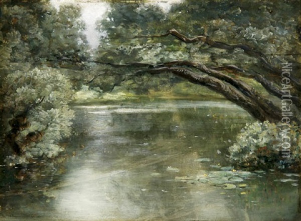 Lakeside Landscape With Lily Pads Oil Painting - Hippolyte Emmanuel Boulenger