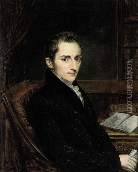 Portrait Of Dr Robert Gooch In A Black Coat Holding A Book In His Hand Oil Painting - John Linnell