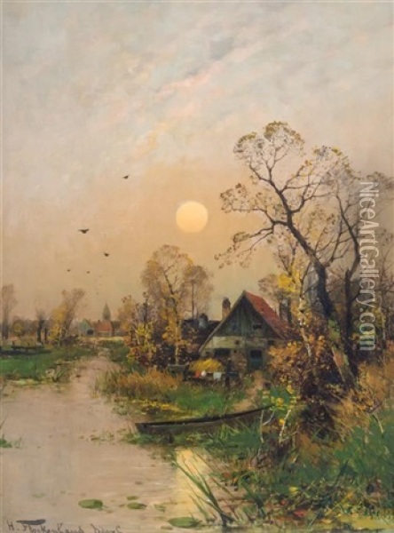 Sunset Cottage Oil Painting - Heinz Flockenhaus