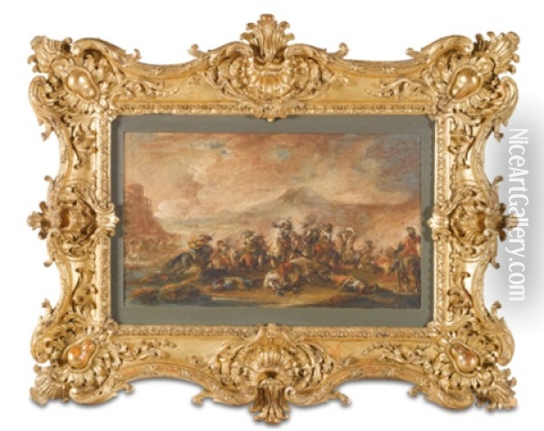 A Cavalry Column (+ A Cavalry Skirmish, Lrgr; Pair) Oil Painting - Francesco Simonini