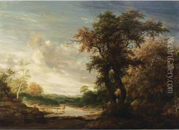 A Wooded Landscape With A Shepherd Watering His Herd In A Wallow Oil Painting - Jacob Salomonsz. Ruysdael
