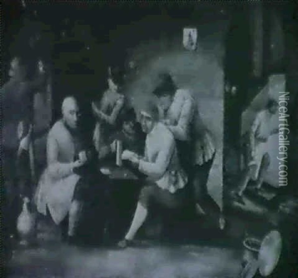 Boors Playing Cards In A Travern Interior Oil Painting - Egbert van Heemskerck the Elder