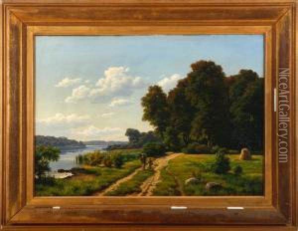 A Summer Day With A Lake And Ramblers. Signed Mono C. H. Dated 1868 Oil Painting - Carsten Henrichsen