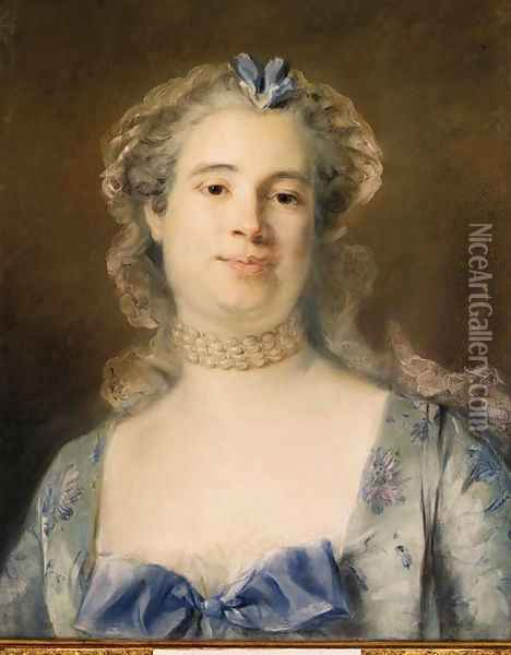Portrait of Madame Chevotet, bust-length wearing a pale green silk dress with a blue ribbon, a laced bonnet and a pearled necklace Oil Painting - Jean-Baptiste Perronneau