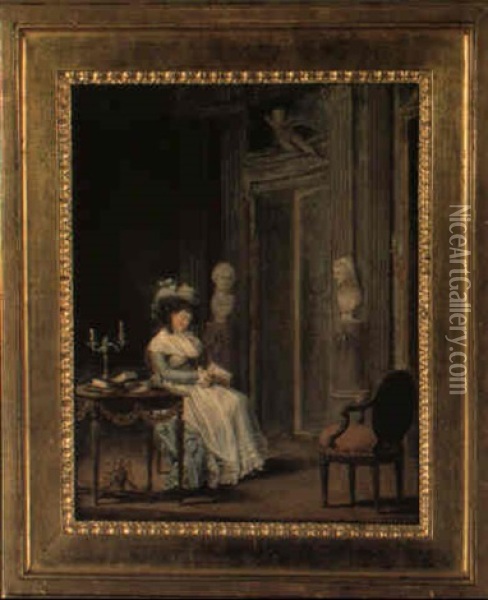 Interior Med Kvinna Som Sitter Och Slumrar Oil Painting - Pehr Hillestroem