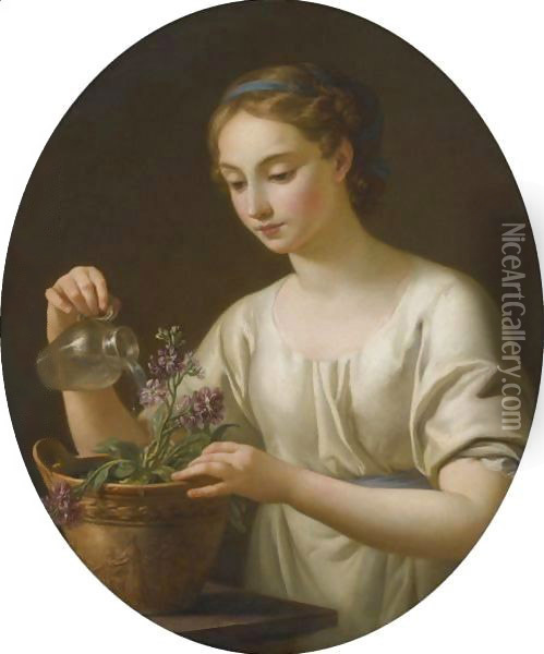 A Young Woman Watering A Pot Of Flowers, La Jeune Athenienne Oil Painting - Joseph-Marie Vien