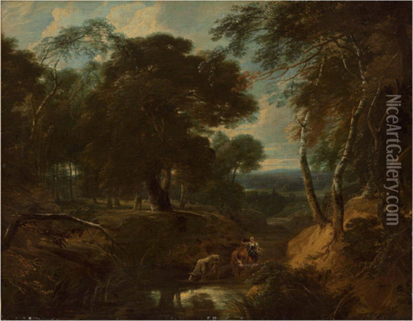 A Wooded Landscape With A Herder By A Stream Oil Painting - Philips Augustyn Immenraet