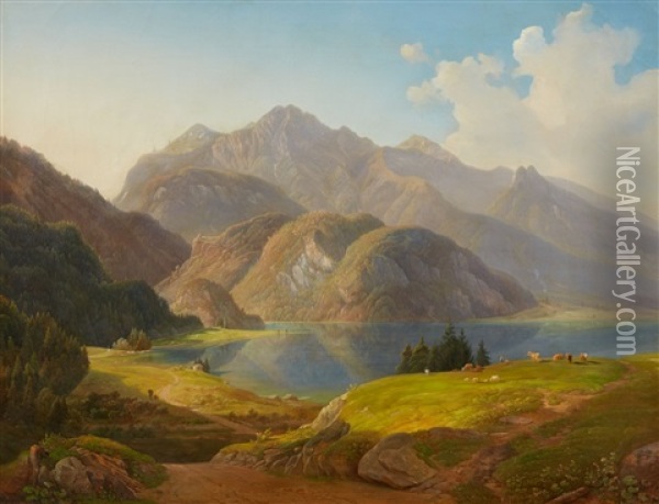 View Of Lake Kochel With Herzogstand And Heim Oil Painting - Michael Lueger