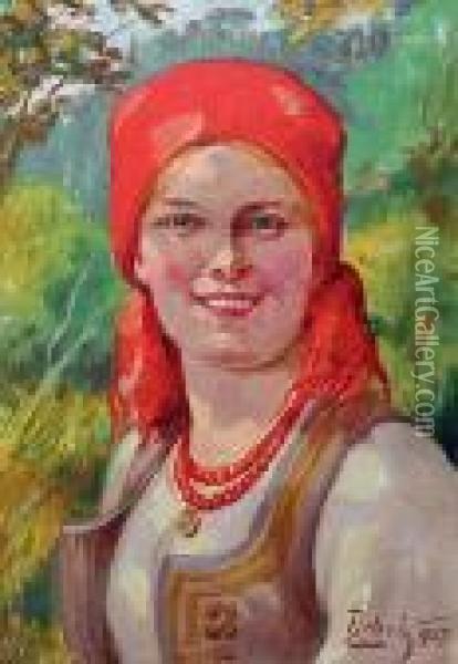Dziewczyna W Czerwonej Chuscie Oil Painting - Kacper Zelechowski