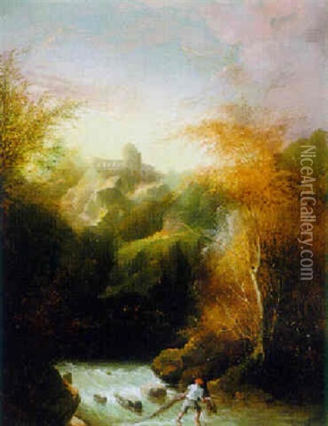 Landscape With Fisherman Pulling His Net From A Stream Oil Painting - John Henry Campbell