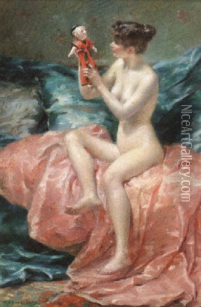 A Young Nude With A Doll Oil Painting - Pierre (Desire Eugene) Franc Lamy