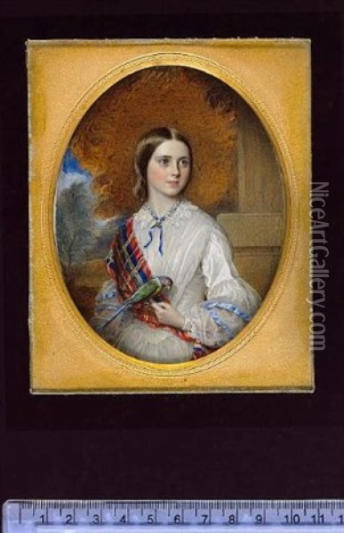 A Young Lady Wearing White Dress With Lace Collar, Blue Ribbon With Jewelled Slide At Her Throat, Pale Blue Ribbons Across Her Puffed Sleeves And Tartan Sash, She Holds A Parrot Oil Painting - Reginald Easton
